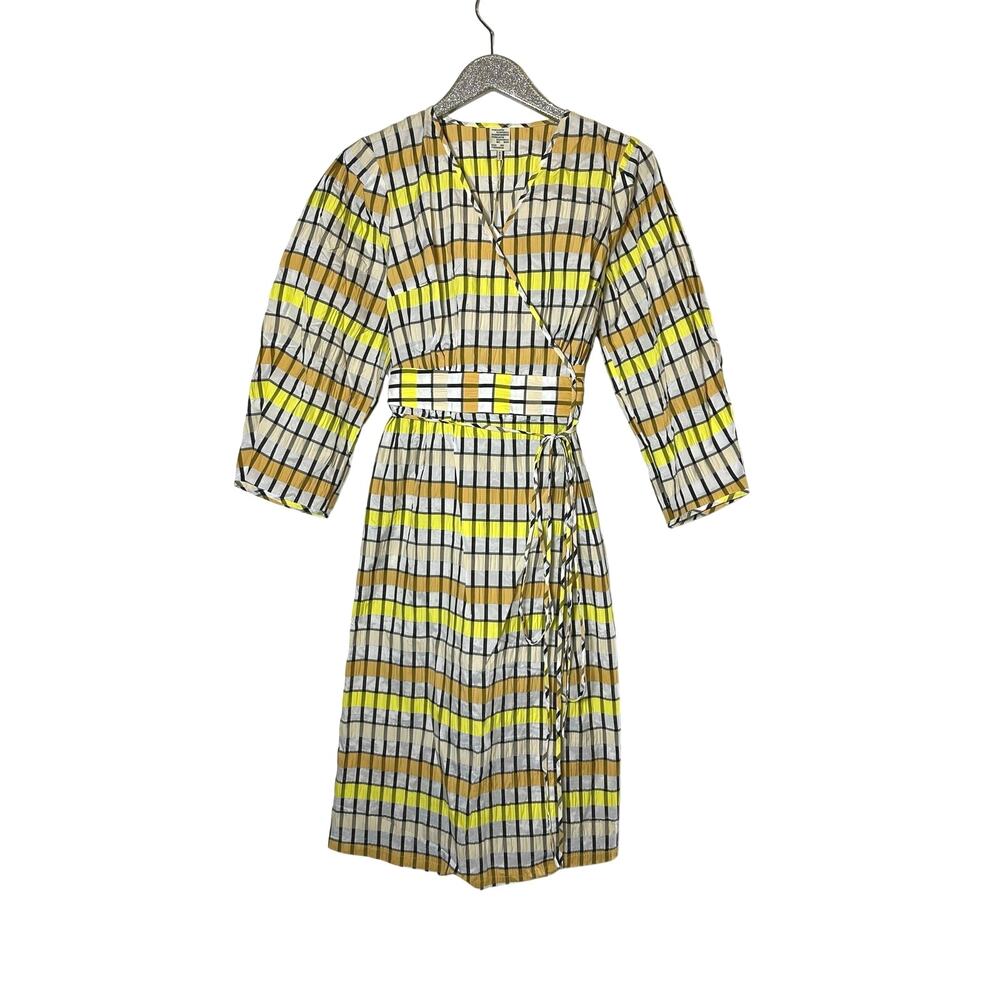 Baum Und Pferdgarten Abylene Gingham A-line Wrap Dress In Peach Yellow Black
